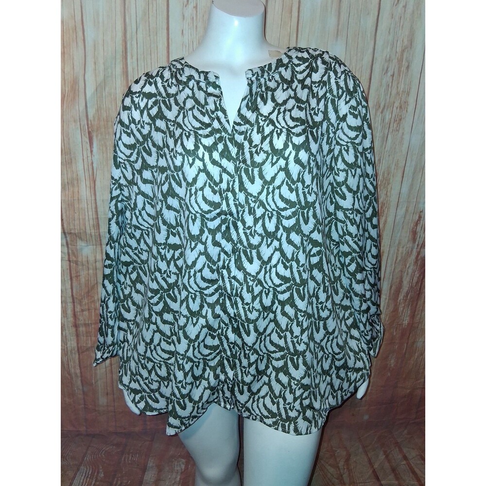 Jachs Girlfriend NY Olive Geometric 3/4 Sleeve Button Up V-neck Blouse Sz XL